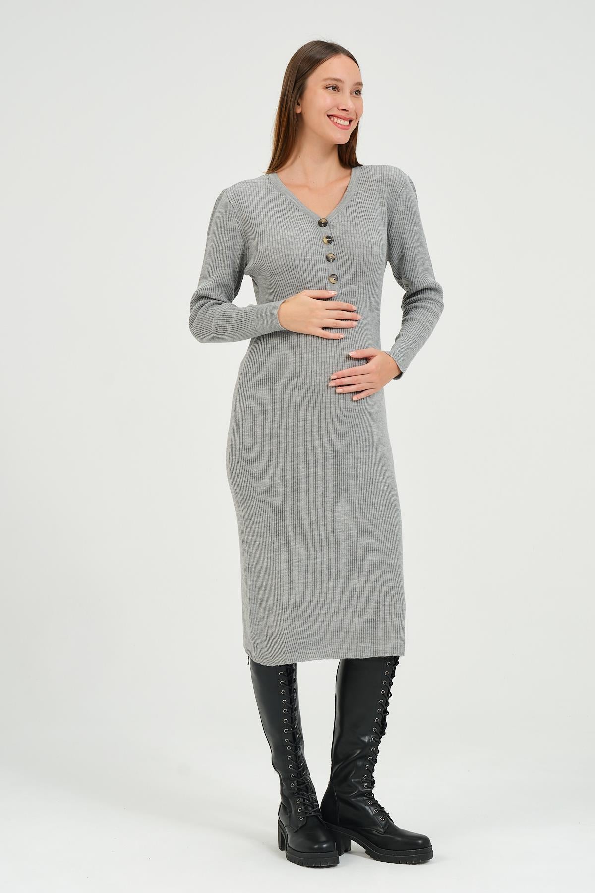 Busa Maternity Midi Length V Neck Buttoned Sweater Dress