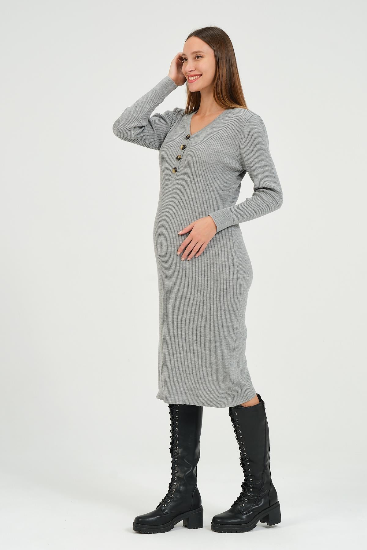 Busa Maternity Midi Length V Neck Buttoned Sweater Dress