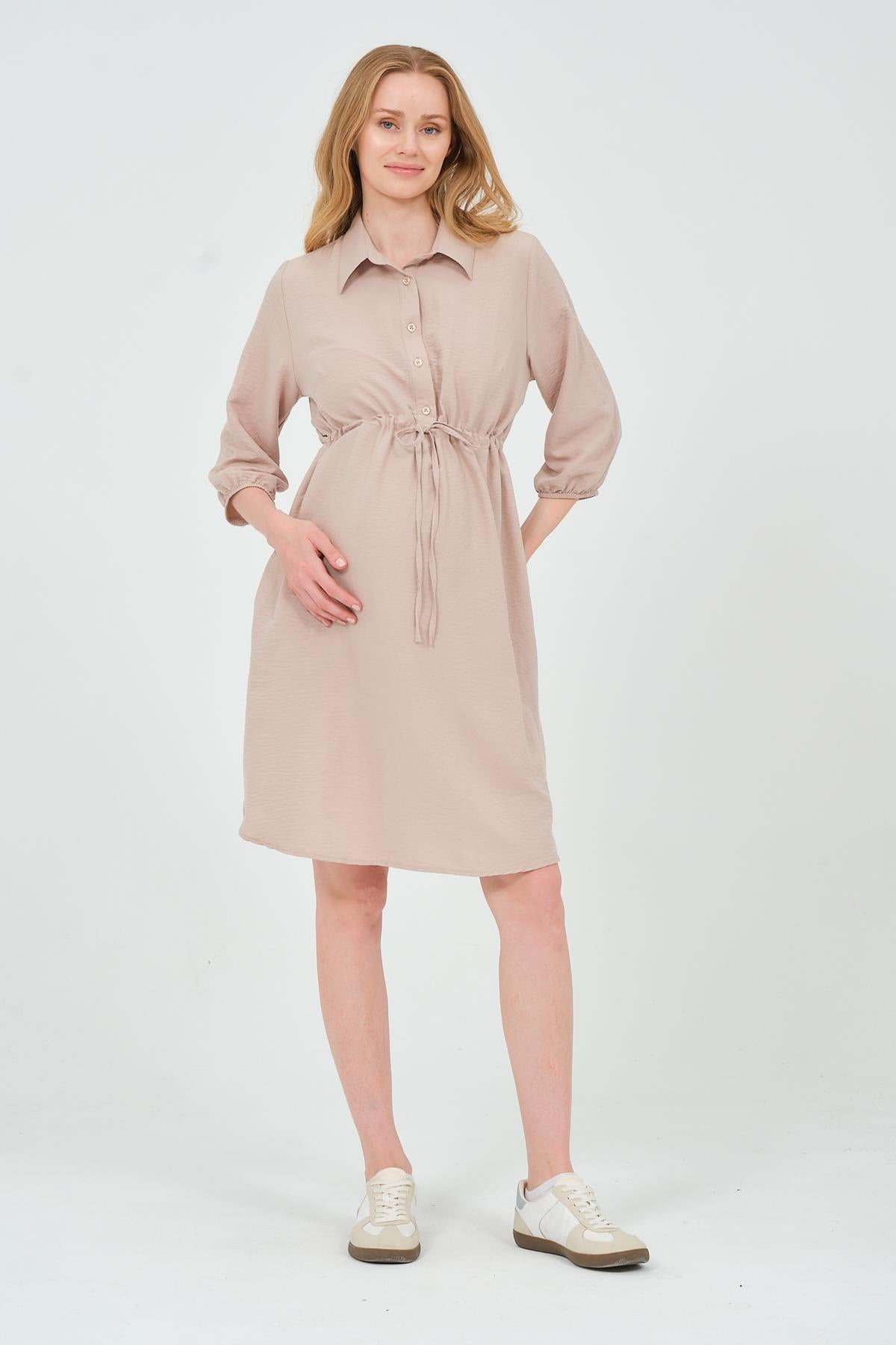 Busa Maternity Fakir Sleeve Tie Waist Intermediate Length Dress