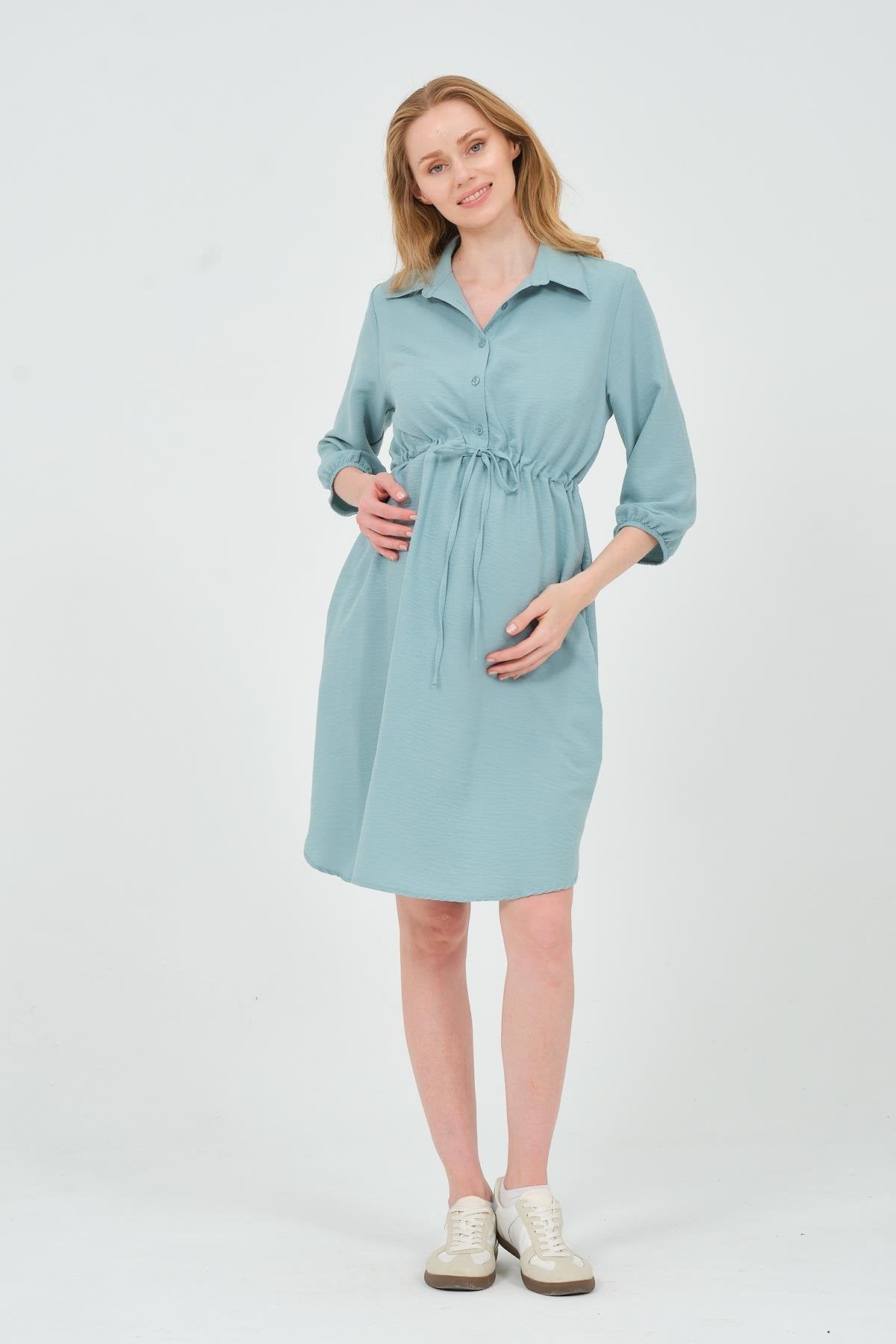 Busa Maternity Fakir Sleeve Tie Waist Intermediate Length Dress