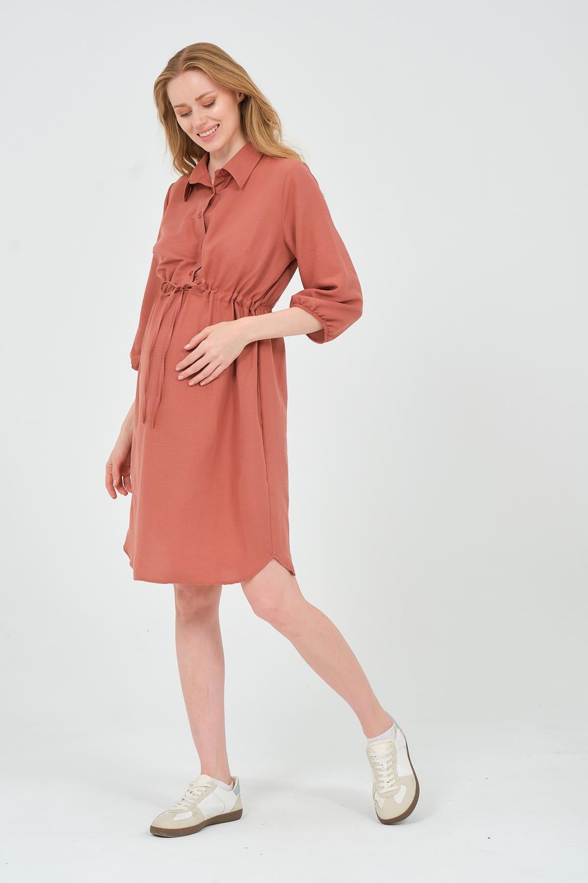 Busa Maternity Fakir Sleeve Tie Waist Intermediate Length Dress