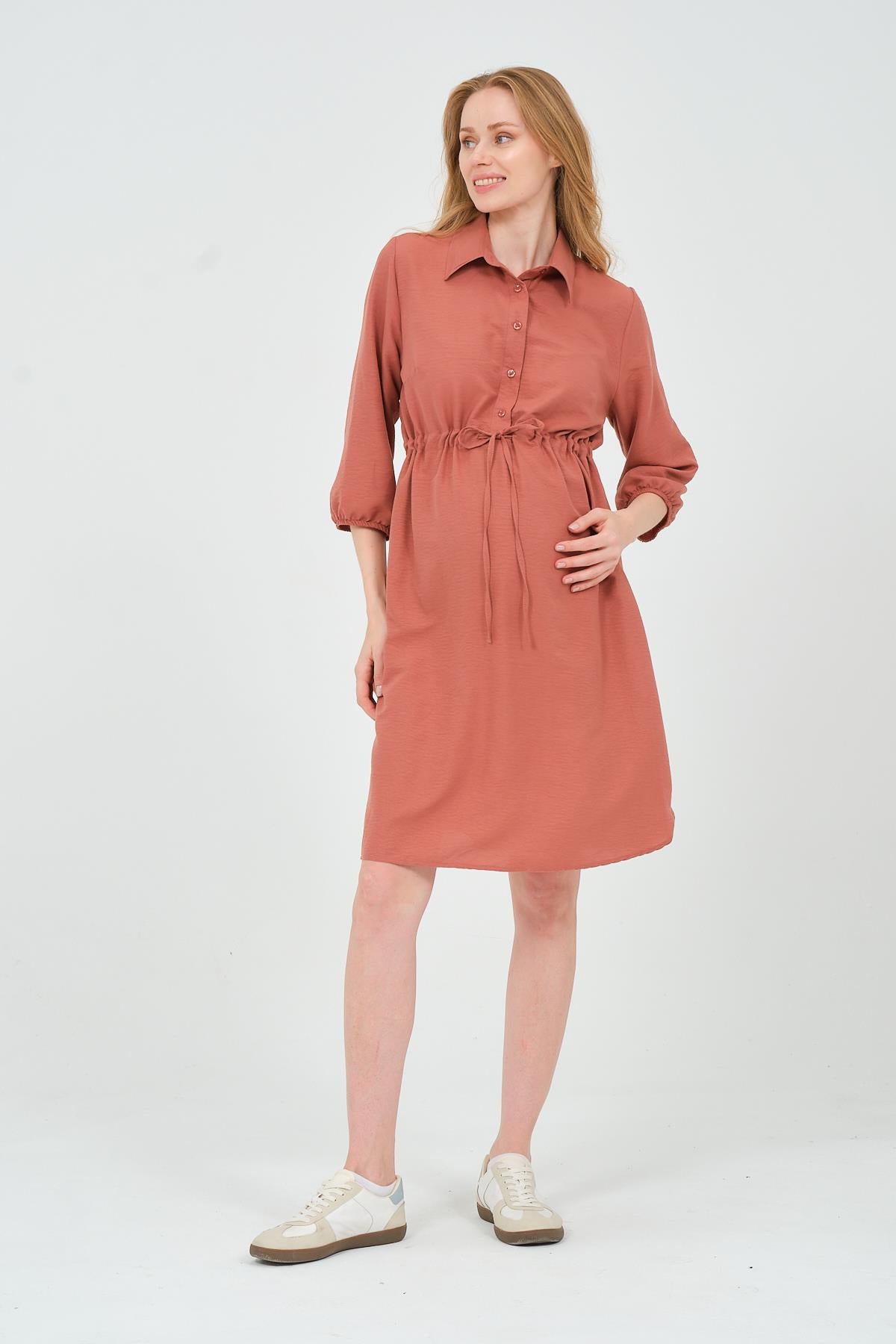 Busa Maternity Fakir Sleeve Tie Waist Intermediate Length Dress